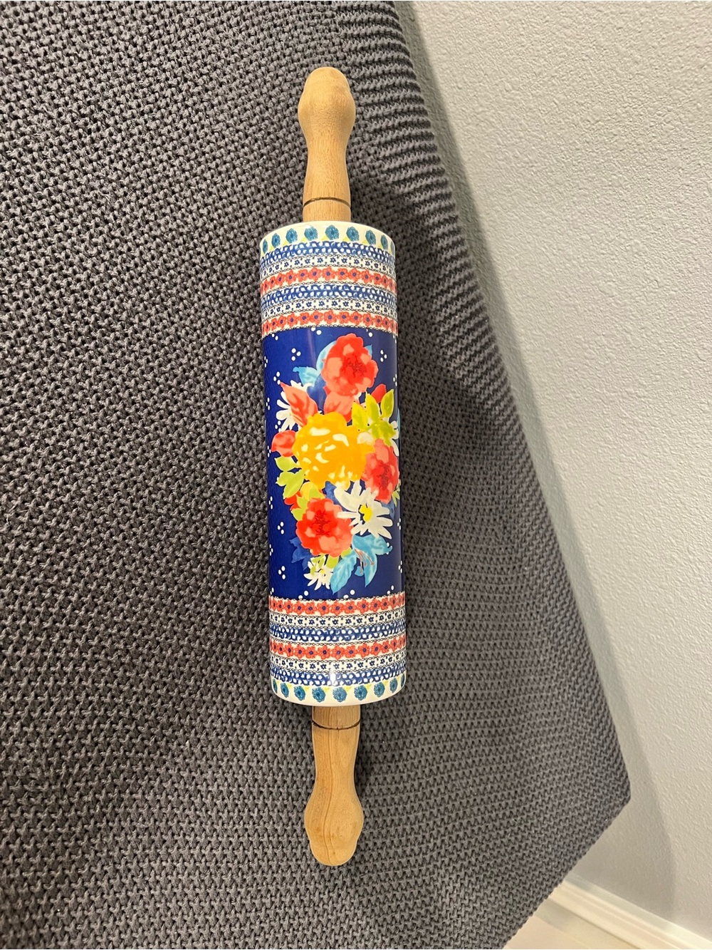 The Pioneer Woman Fiona Floral Ceramic Rolling Pin, Retired, Wood Handles 18in